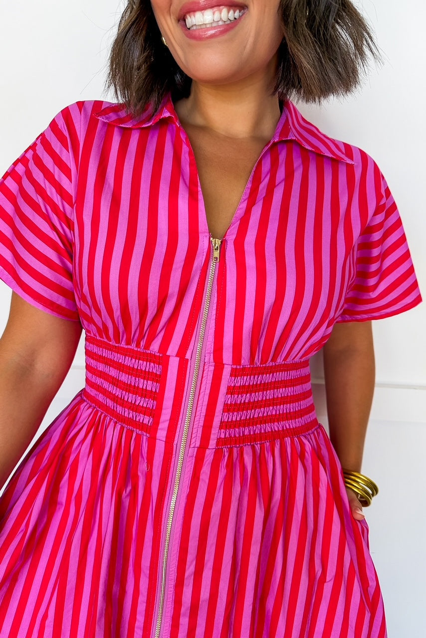 Best Selling Krissy Zip-up Maxi Stripe Dress in Hot Pink Red Stripes OMFORT
