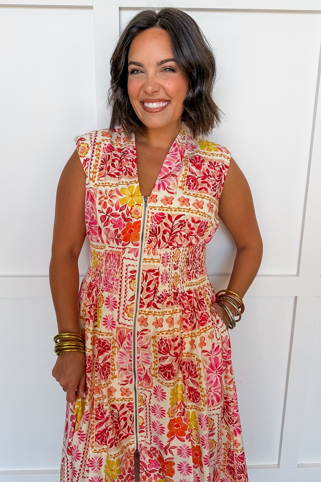 Best Selling Krissy Zip-up Midi Dress in Tropical Floral Patchwork OMFORT