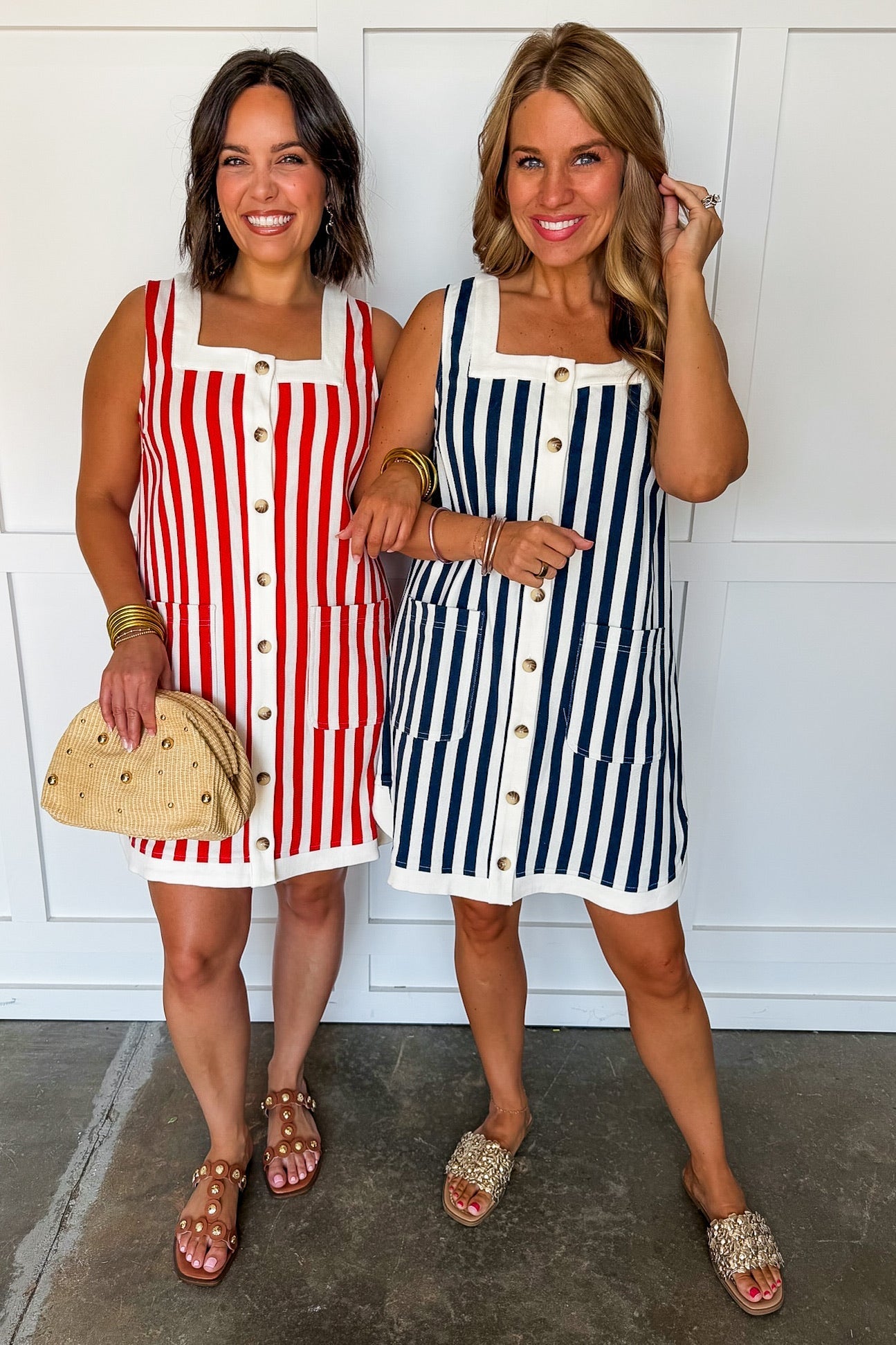 Boardwalk Stripe Button Mini Dress in Navy OMFORT