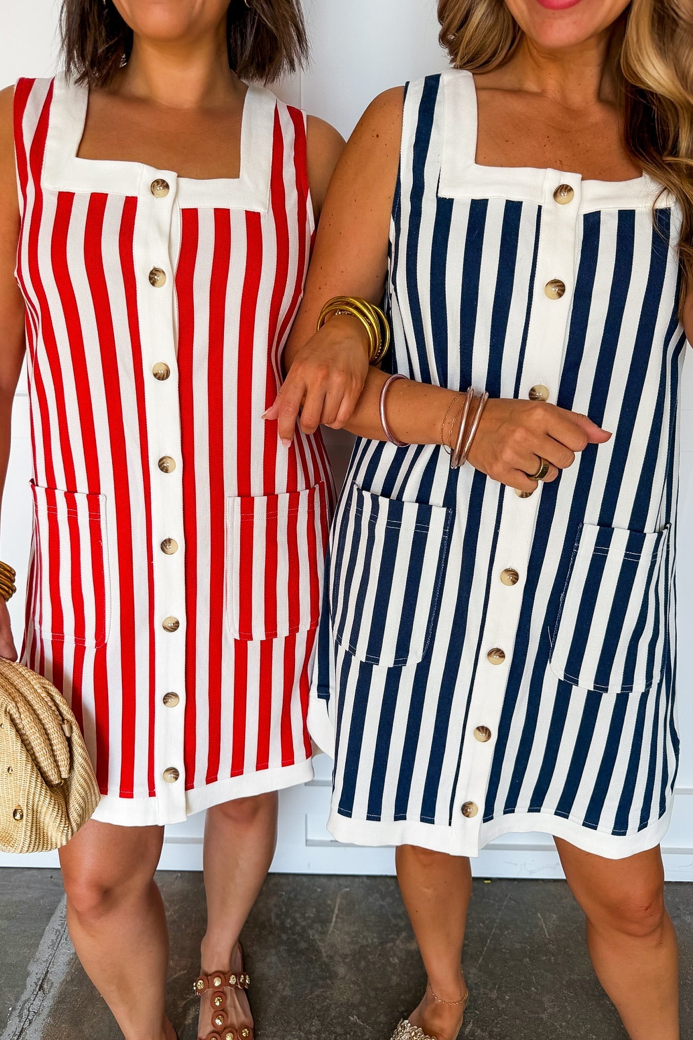 Boardwalk Stripe Button Mini Dress in Navy OMFORT