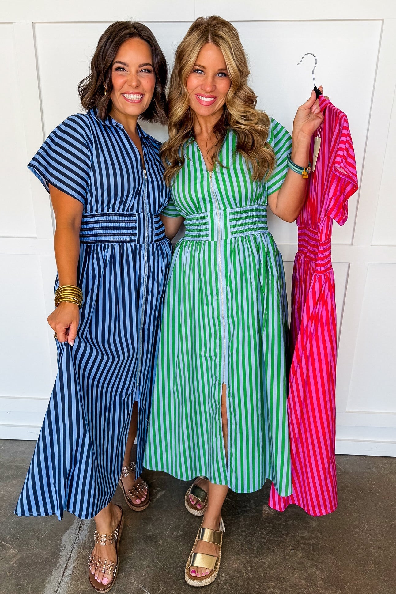 Best Selling Krissy Zip-up Maxi Stripe Dress in Green & Blue Stripes OMFORT