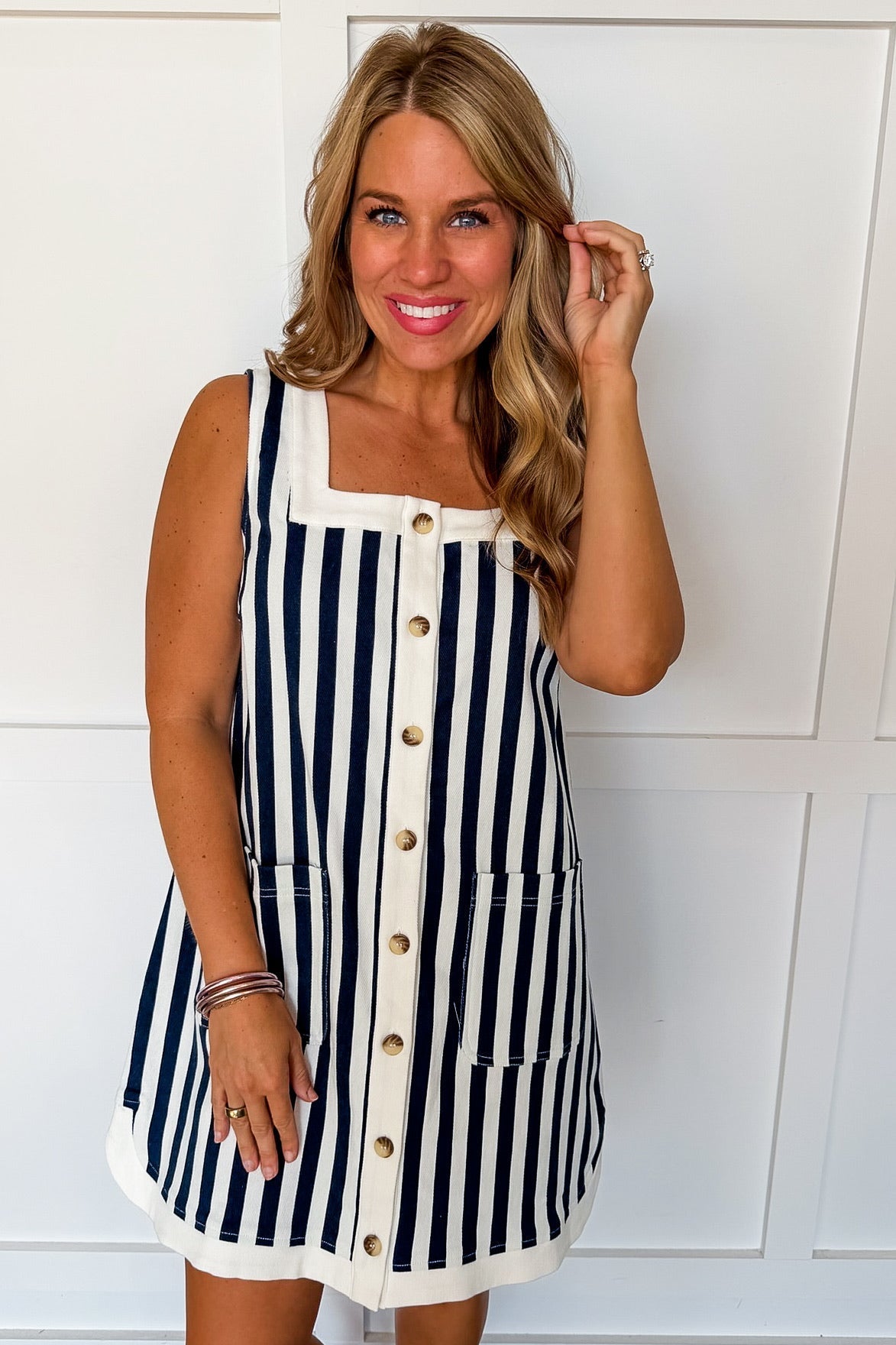 Boardwalk Stripe Button Mini Dress in Navy OMFORT