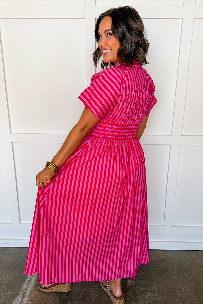 Best Selling Krissy Zip-up Maxi Stripe Dress in Hot Pink Red Stripes OMFORT