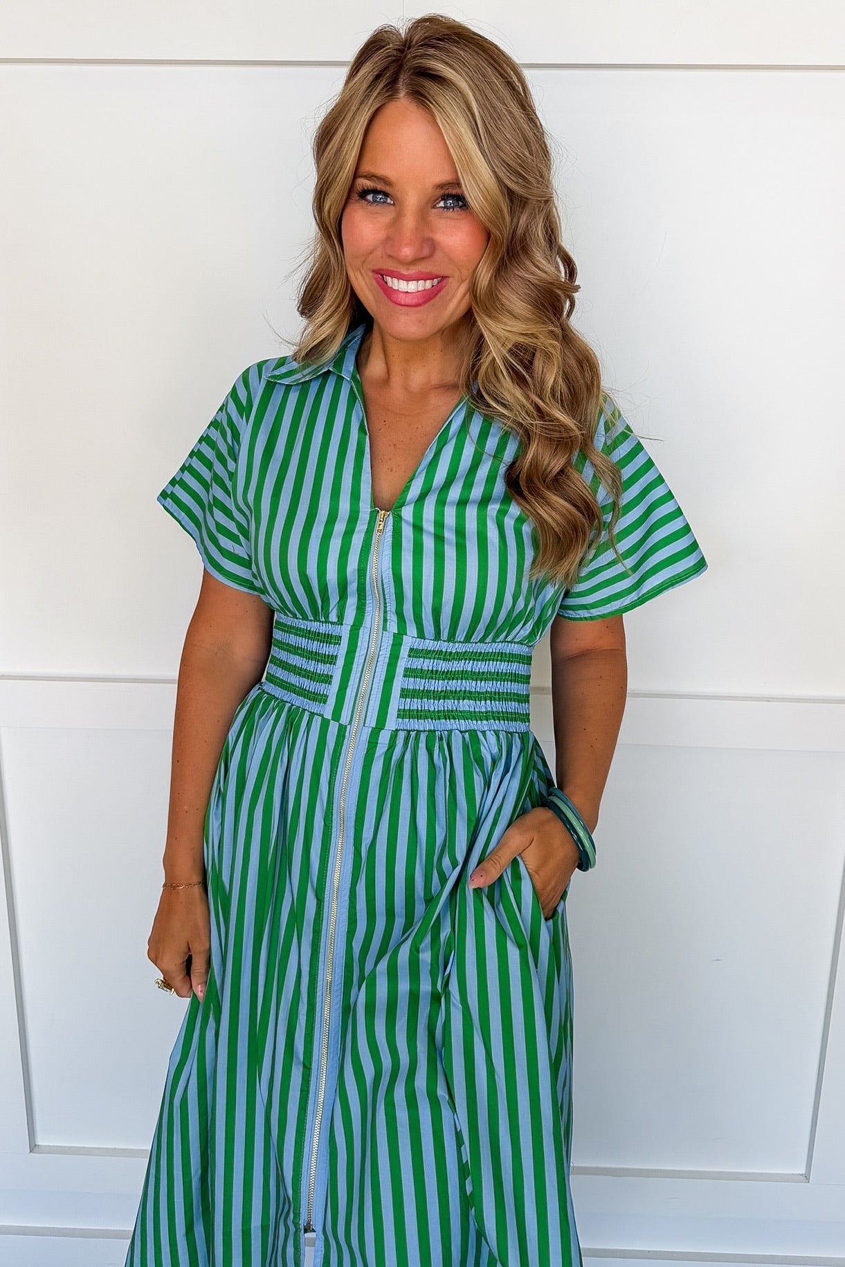Best Selling Krissy Zip-up Maxi Stripe Dress in Green & Blue Stripes OMFORT