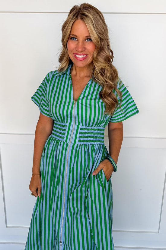 Best Selling Krissy Zip-up Maxi Stripe Dress in Green & Blue Stripes OMFORT