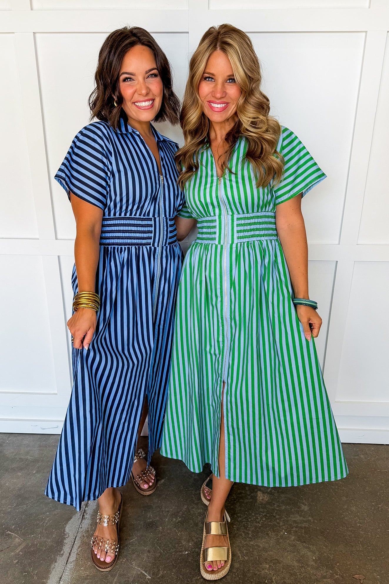 Best Selling Krissy Zip-up Maxi Stripe Dress in Green & Blue Stripes OMFORT