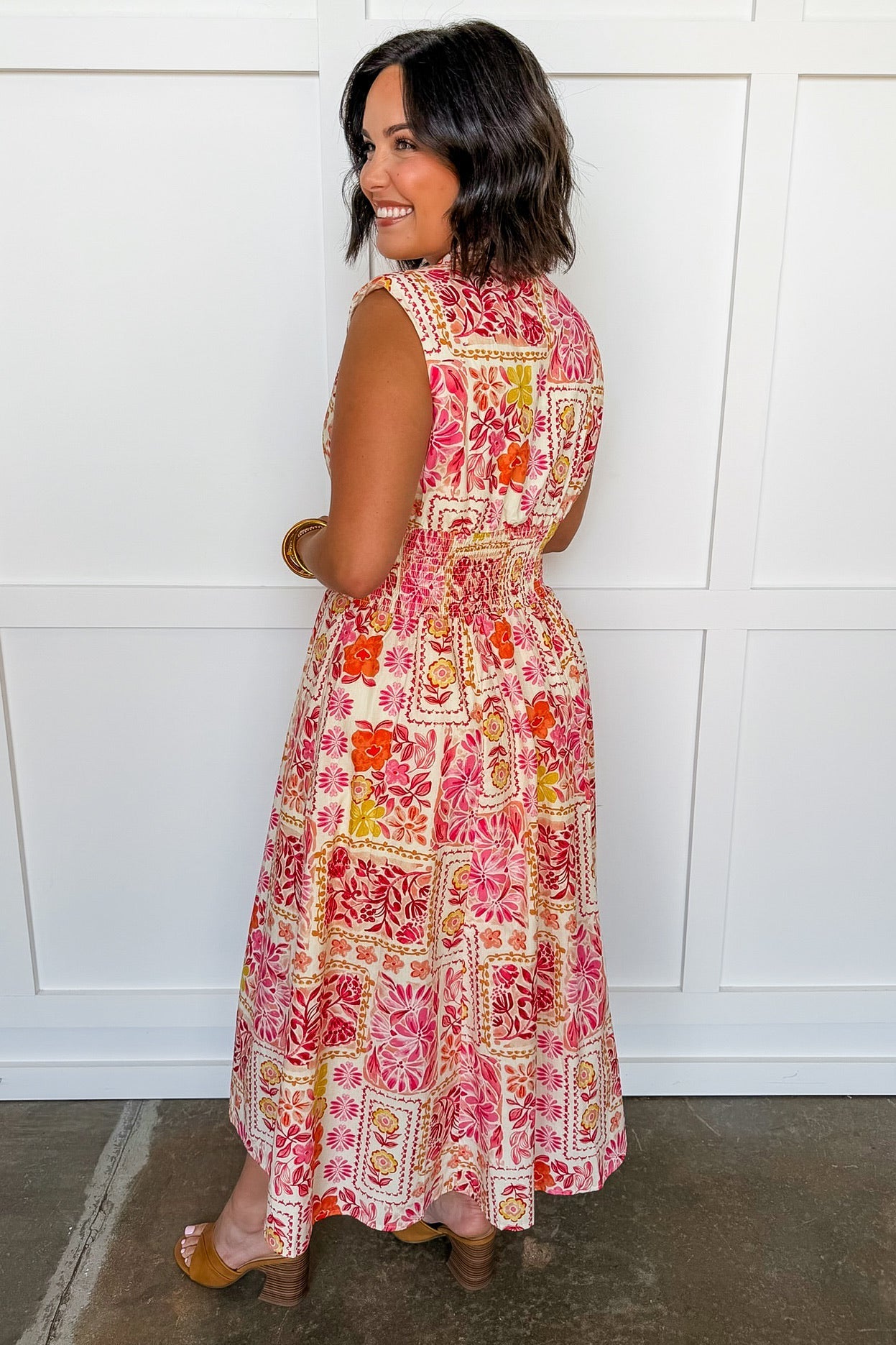 Best Selling Krissy Zip-up Midi Dress in Tropical Floral Patchwork OMFORT