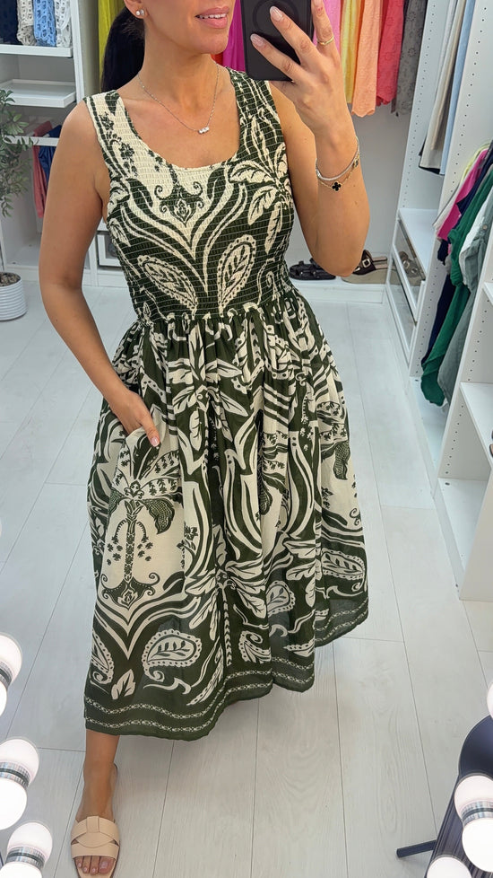 Quinn Abstract Print Shirred Bust Poplin Dress OMFORT