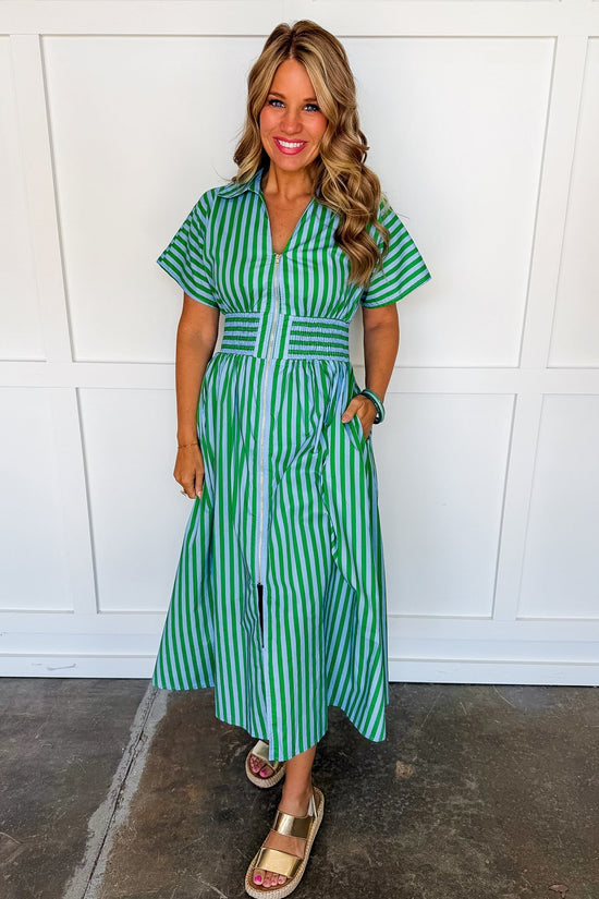 Best Selling Krissy Zip-up Maxi Stripe Dress in Green & Blue Stripes OMFORT