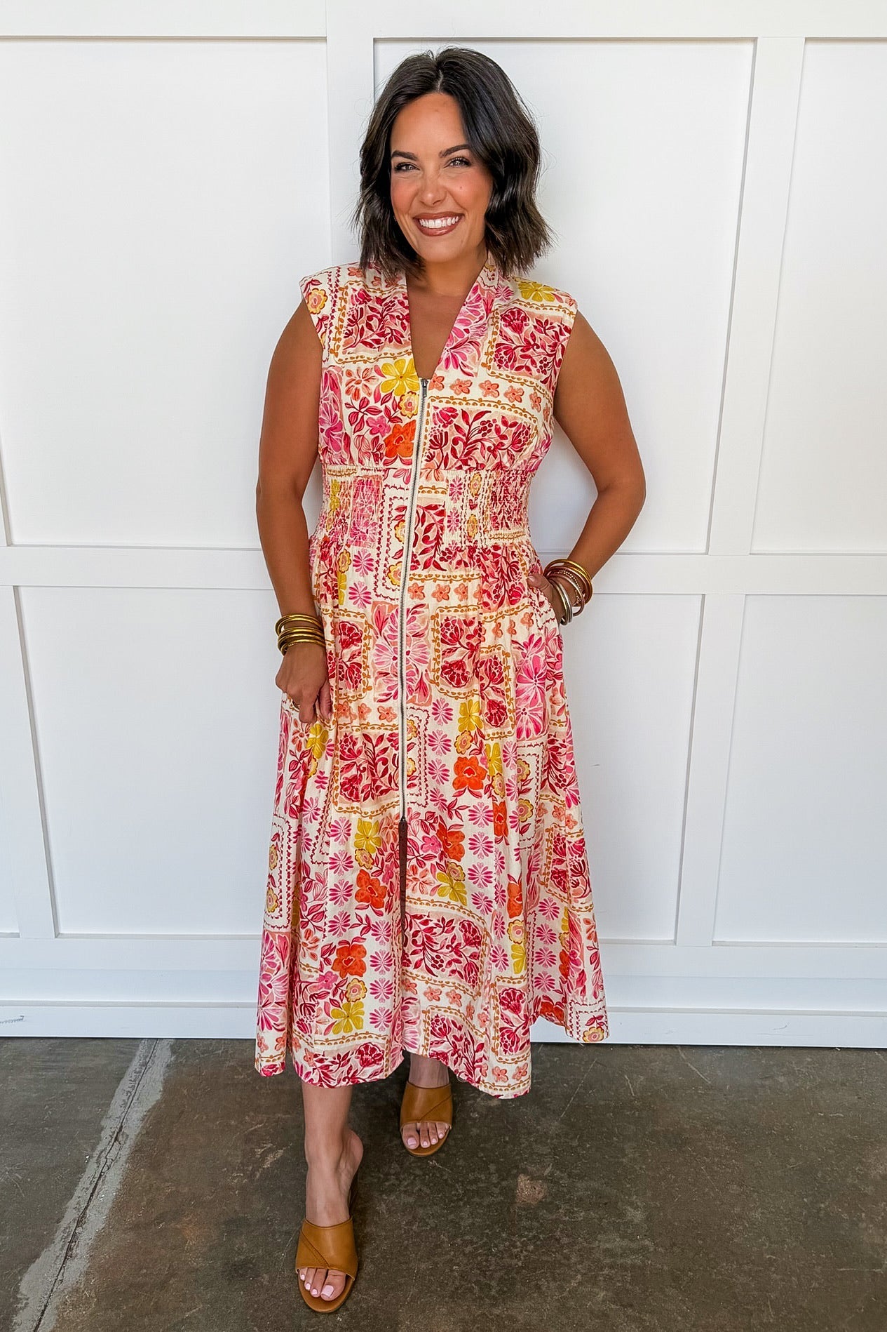 Best Selling Krissy Zip-up Midi Dress in Tropical Floral Patchwork OMFORT