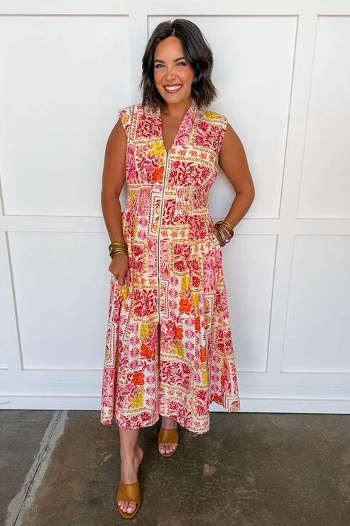 Best Selling Krissy Zip-up Midi Dress in Tropical Floral Patchwork OMFORT