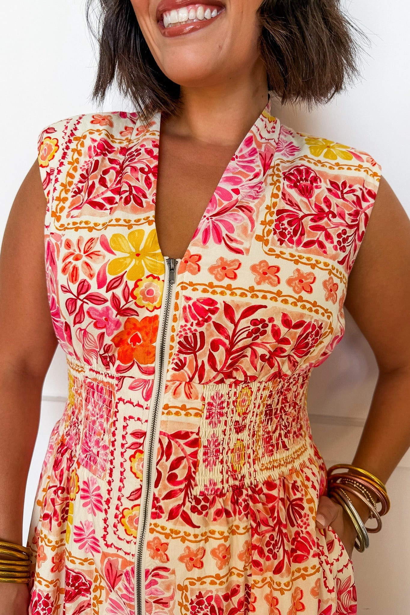 Best Selling Krissy Zip-up Midi Dress in Tropical Floral Patchwork OMFORT