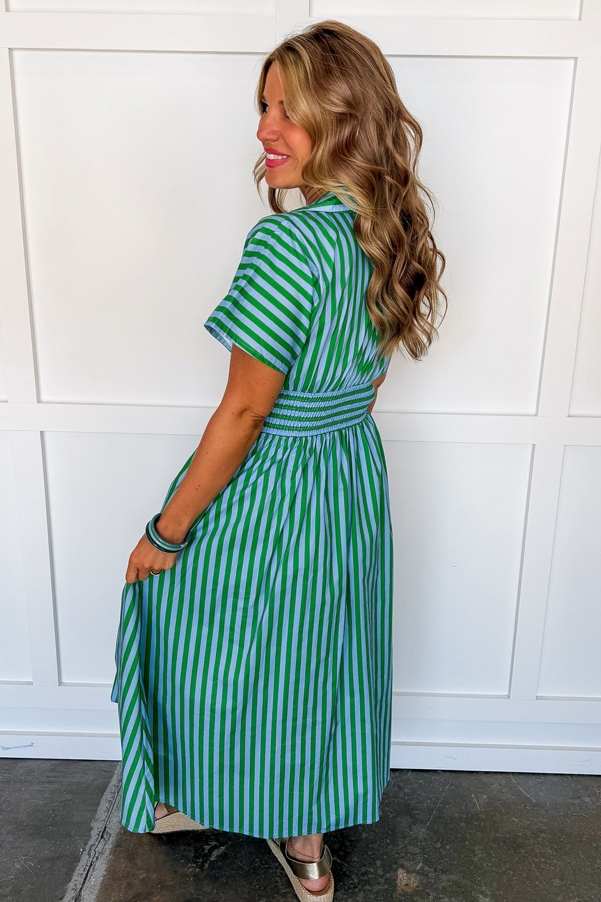 Best Selling Krissy Zip-up Maxi Stripe Dress in Green & Blue Stripes OMFORT