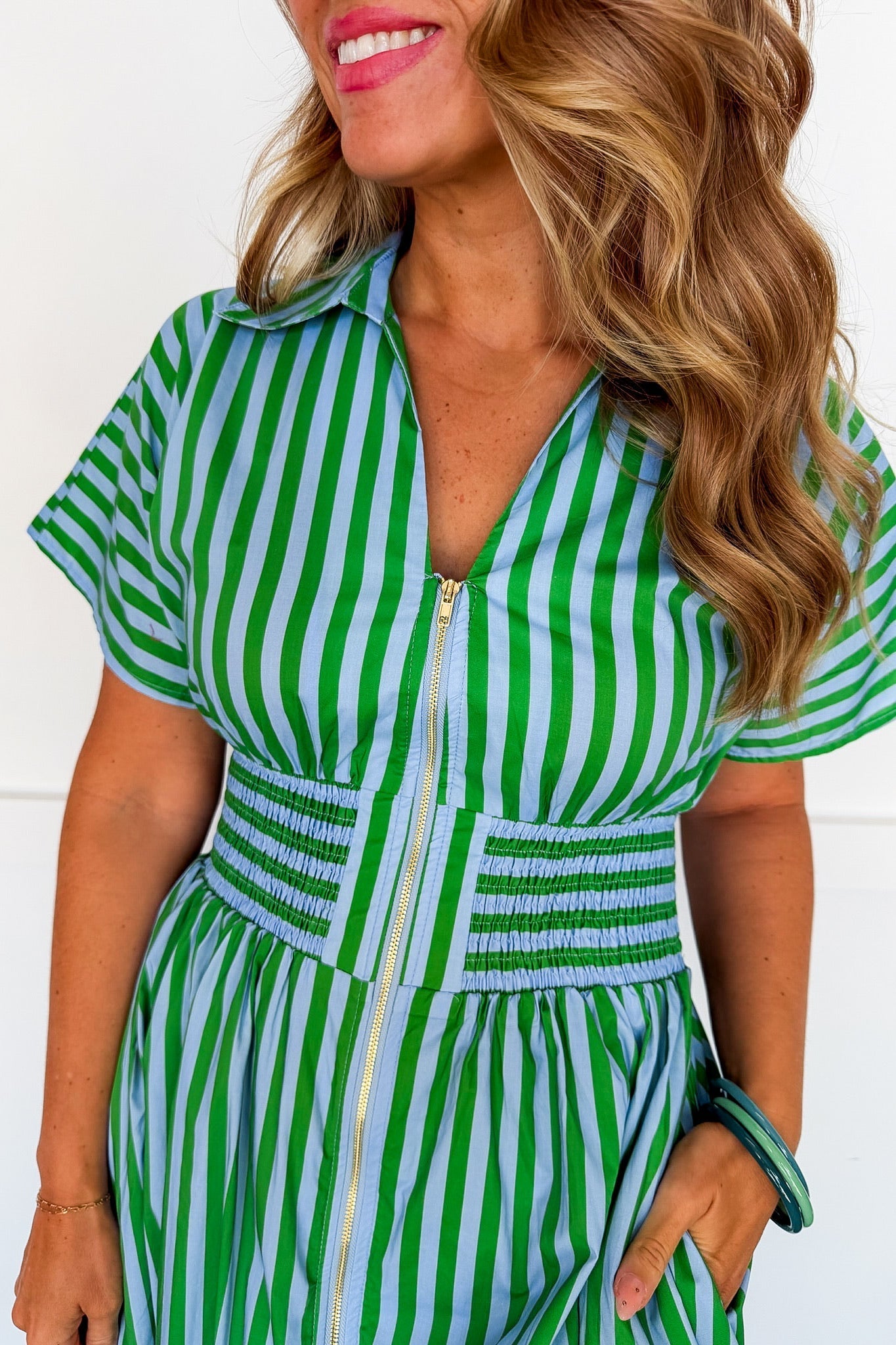 Best Selling Krissy Zip-up Maxi Stripe Dress in Green & Blue Stripes OMFORT