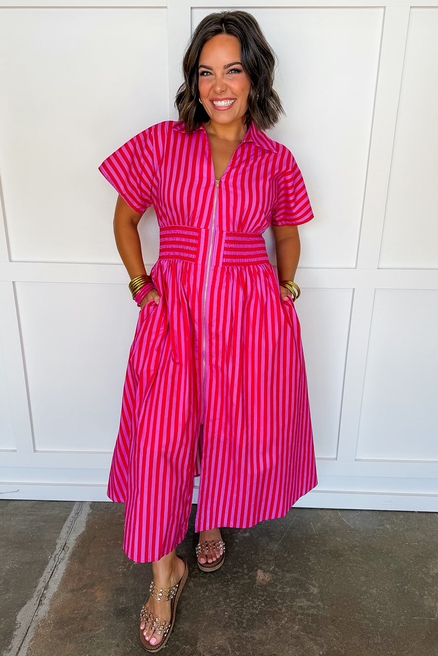 Best Selling Krissy Zip-up Maxi Stripe Dress in Hot Pink Red Stripes OMFORT