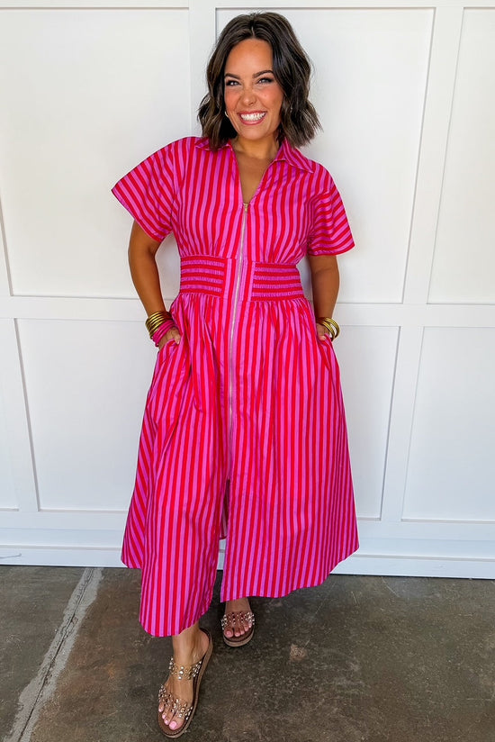 Best Selling Krissy Zip-up Maxi Stripe Dress in Hot Pink Red Stripes OMFORT