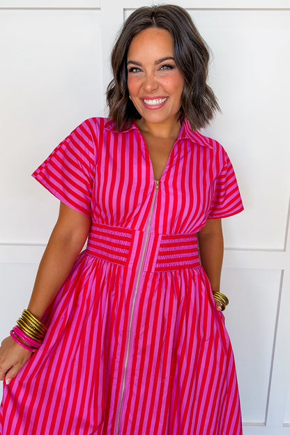 Best Selling Krissy Zip-up Maxi Stripe Dress in Hot Pink Red Stripes OMFORT