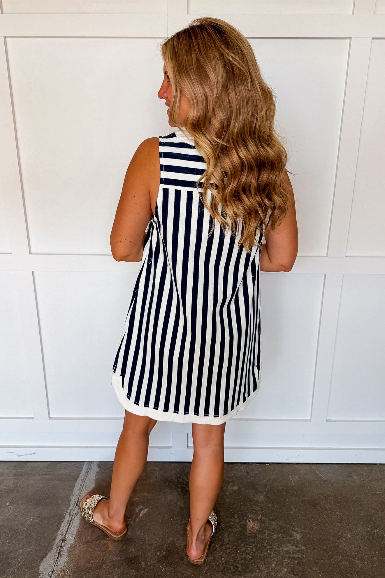 Boardwalk Stripe Button Mini Dress in Navy OMFORT