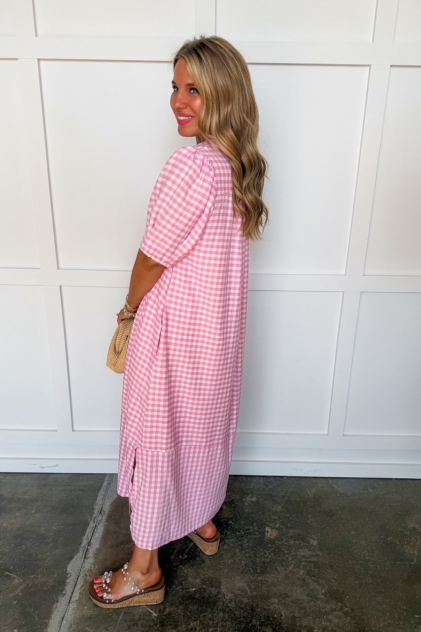 Picnic Perfect Gingham Midi Dress in Pink OMFORT