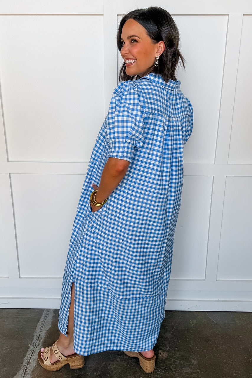 Picnic Perfect Gingham Midi Dress in Blue OMFORT