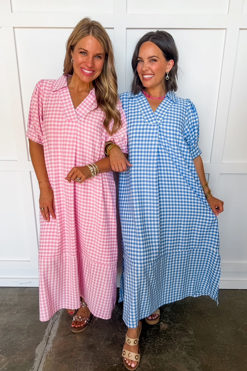 Picnic Perfect Gingham Midi Dress in Pink OMFORT
