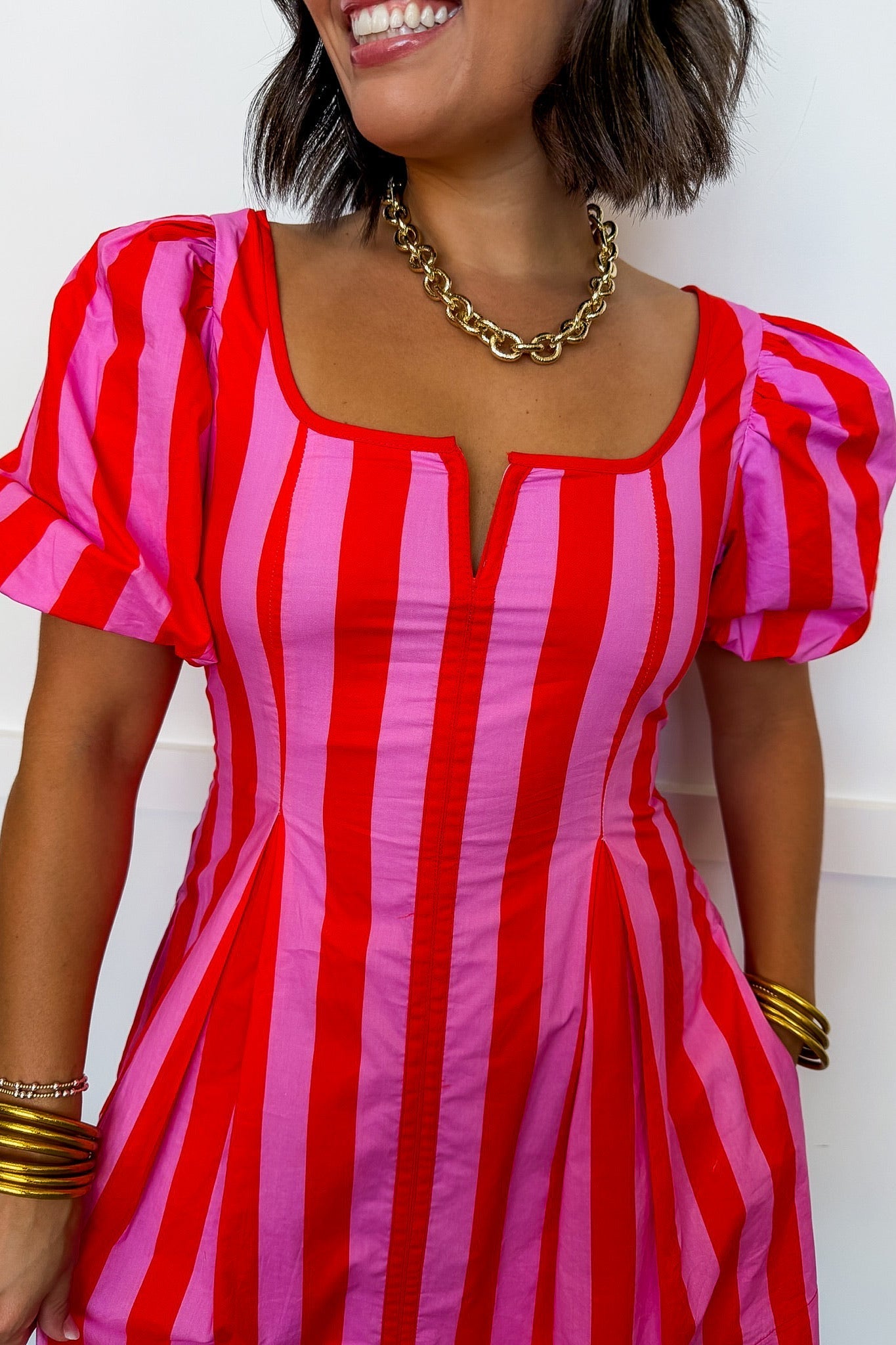 Just Feels Right Puff Sleeve Stripe Dress in Pink & Red OMFORT