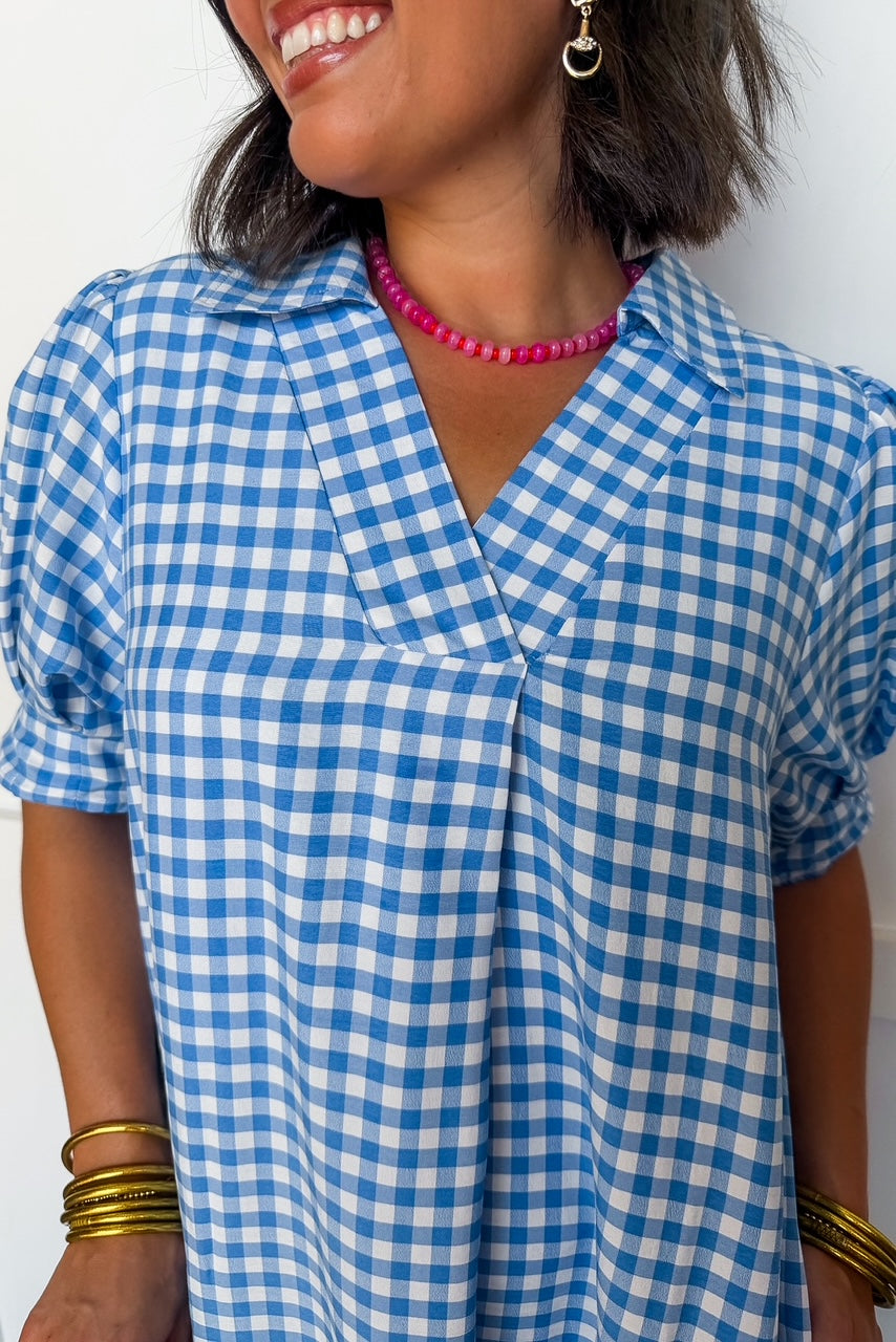 Picnic Perfect Gingham Midi Dress in Blue OMFORT