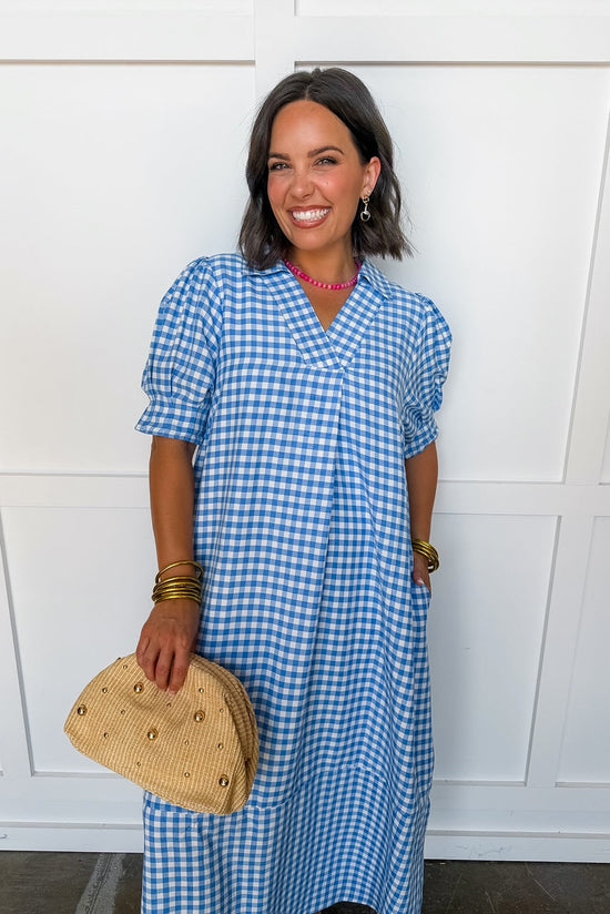 Picnic Perfect Gingham Midi Dress in Blue OMFORT