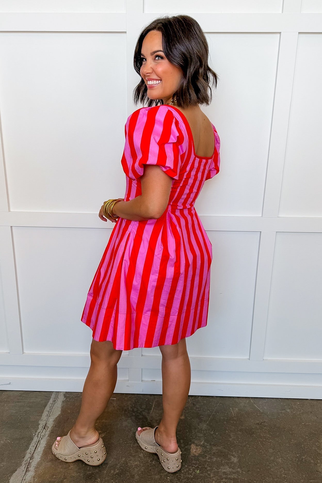 Just Feels Right Puff Sleeve Stripe Dress in Pink & Red OMFORT