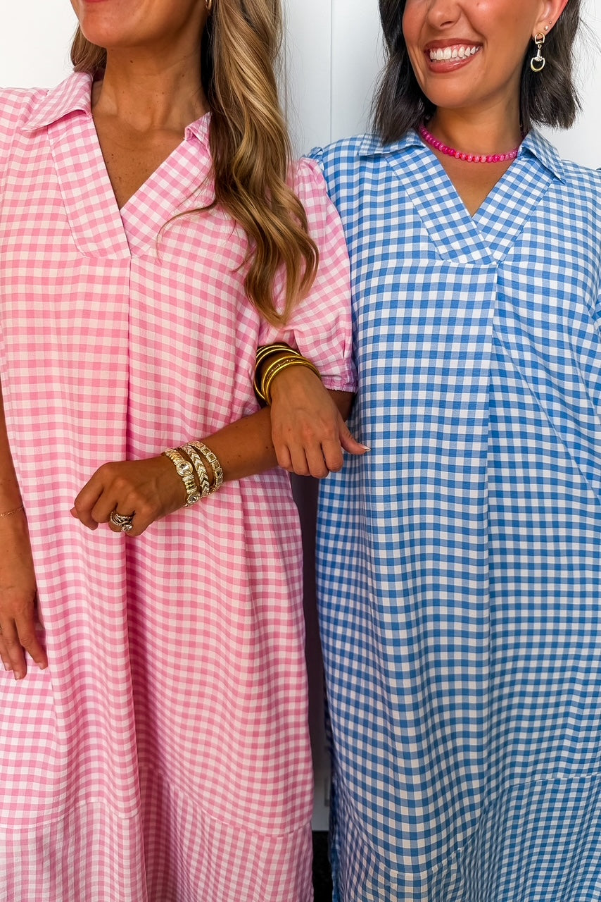 Picnic Perfect Gingham Midi Dress in Blue OMFORT