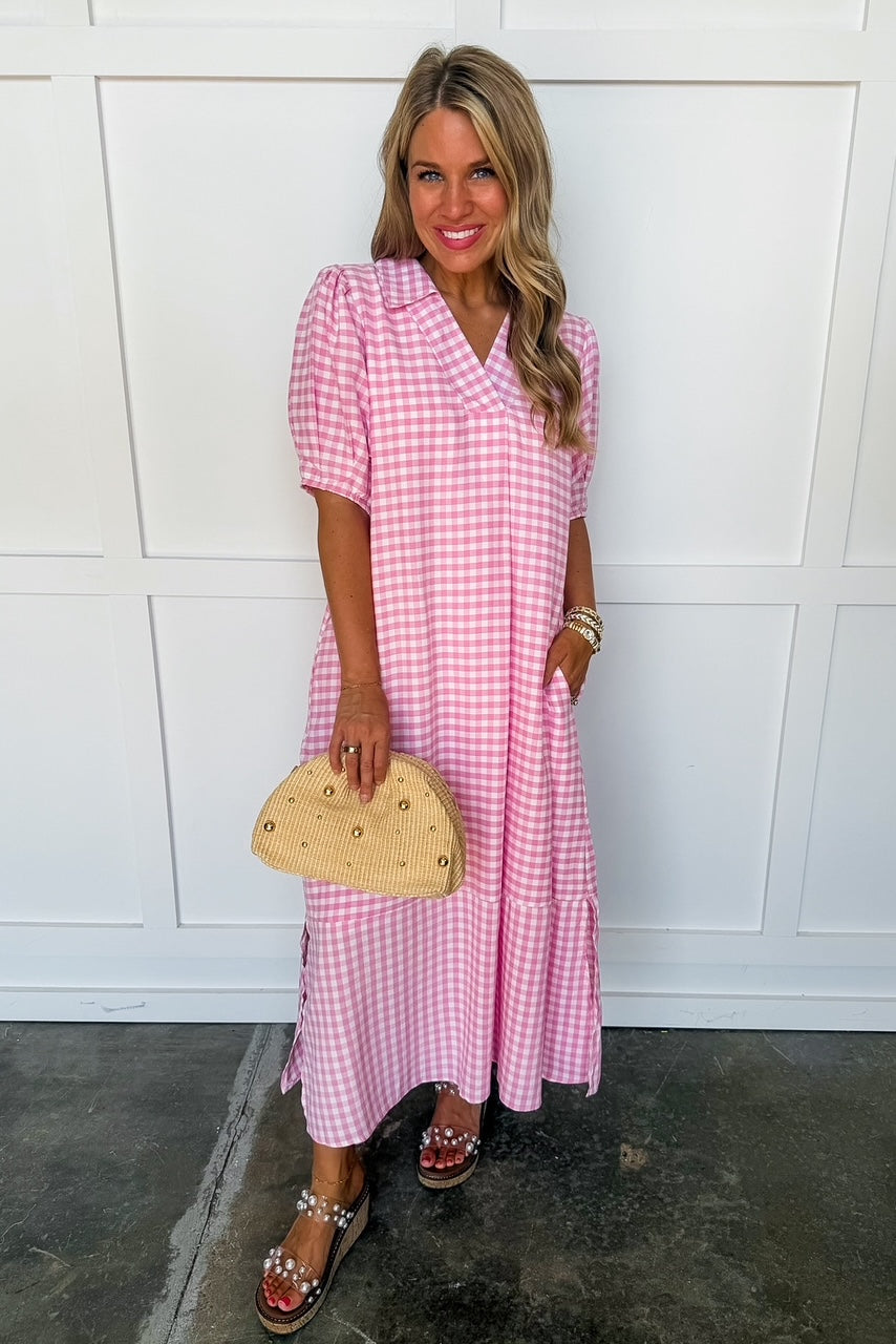 Picnic Perfect Gingham Midi Dress in Pink OMFORT