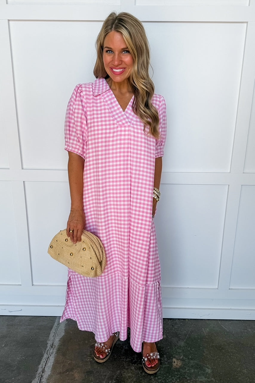 Picnic Perfect Gingham Midi Dress in Pink OMFORT