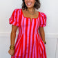 Just Feels Right Puff Sleeve Stripe Dress in Pink & Red OMFORT