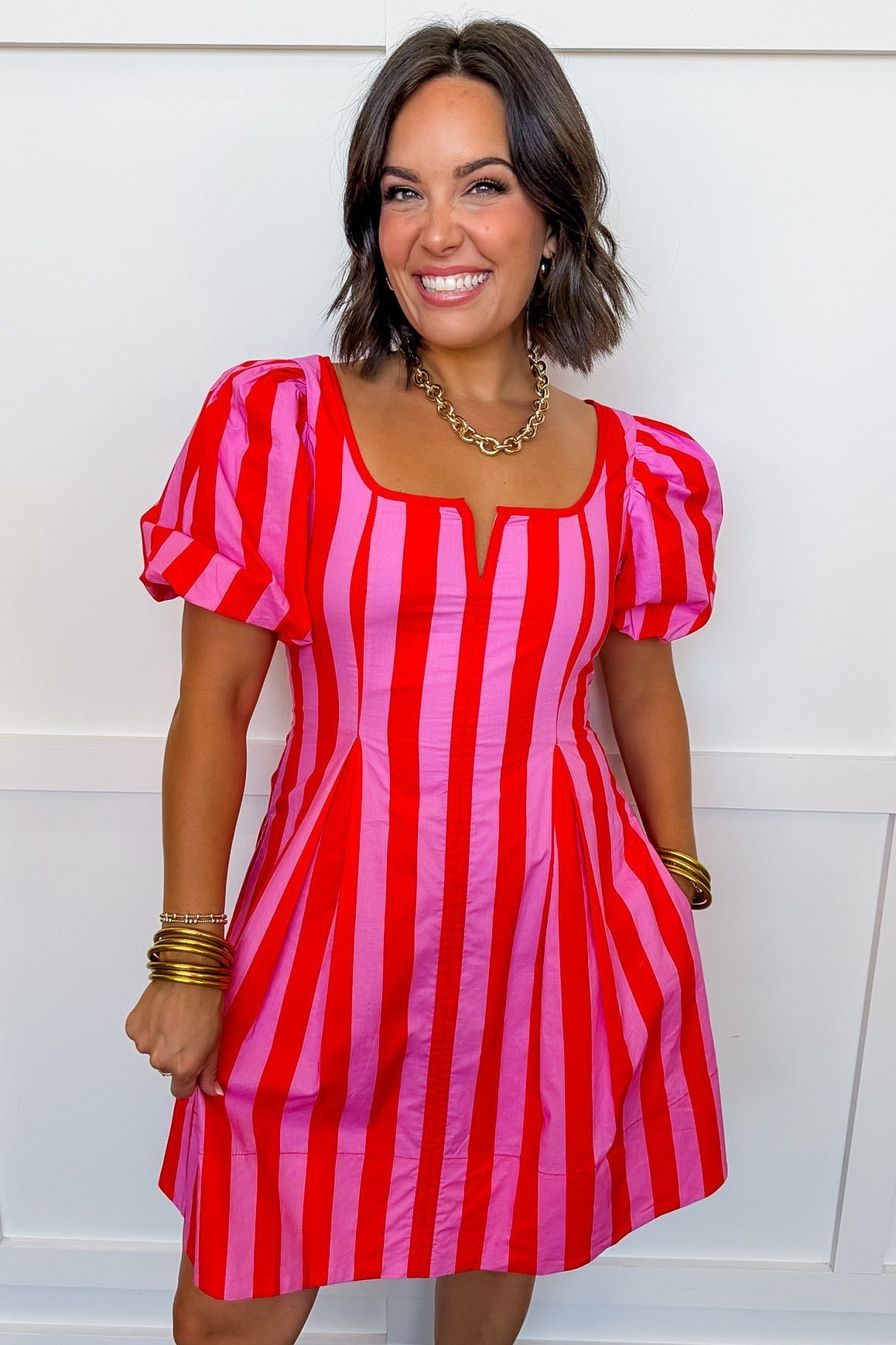 Just Feels Right Puff Sleeve Stripe Dress in Pink & Red OMFORT
