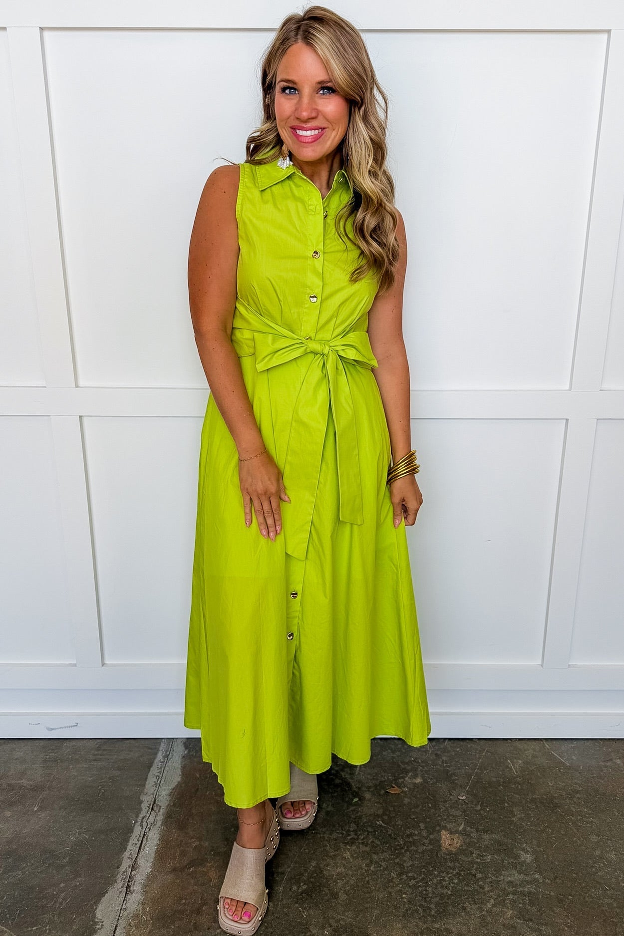 The Lily Button Down Belted Dress in Lime OMFORT