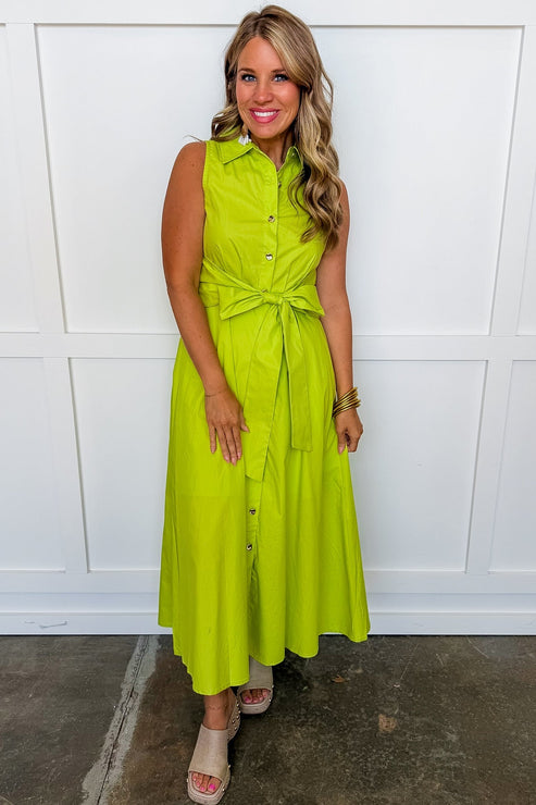 The Lily Button Down Belted Dress in Lime OMFORT