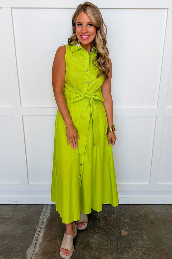 The Lily Button Down Belted Dress in Lime OMFORT