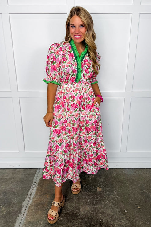 The Juliette Maxi Dress in Pink Mix Floral OMFORT