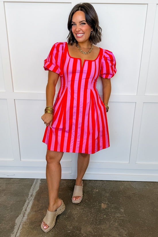 Just Feels Right Puff Sleeve Stripe Dress in Pink & Red OMFORT