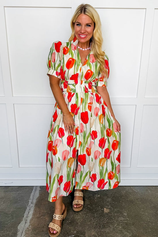 Best Selling Krissy Zip-Up Midi Dress in Tulip Daze OMFORT