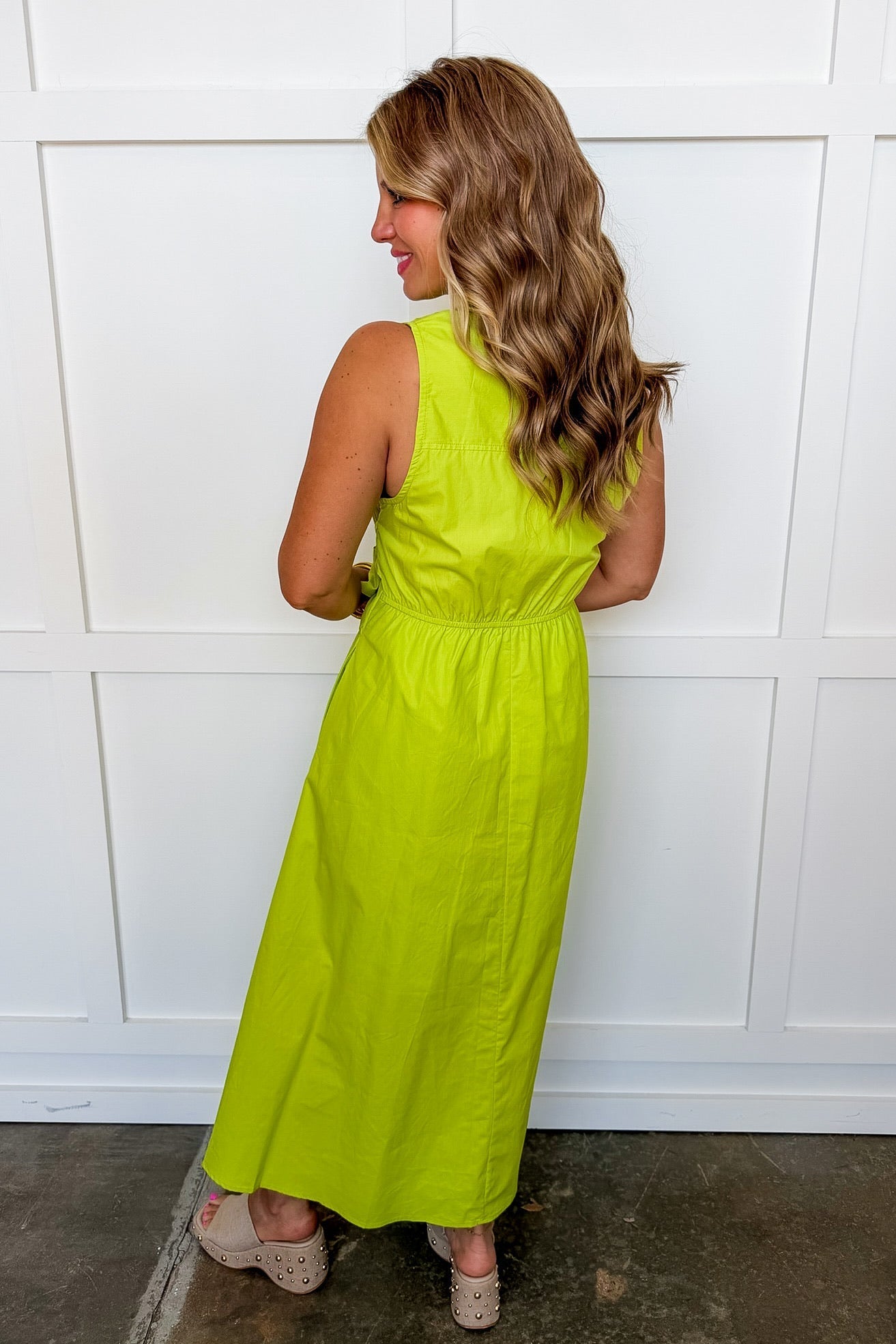 The Lily Button Down Belted Dress in Lime OMFORT