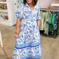 The Eloise Midi Dress in Porcelain Vines Blue by Mary Square OMFORT