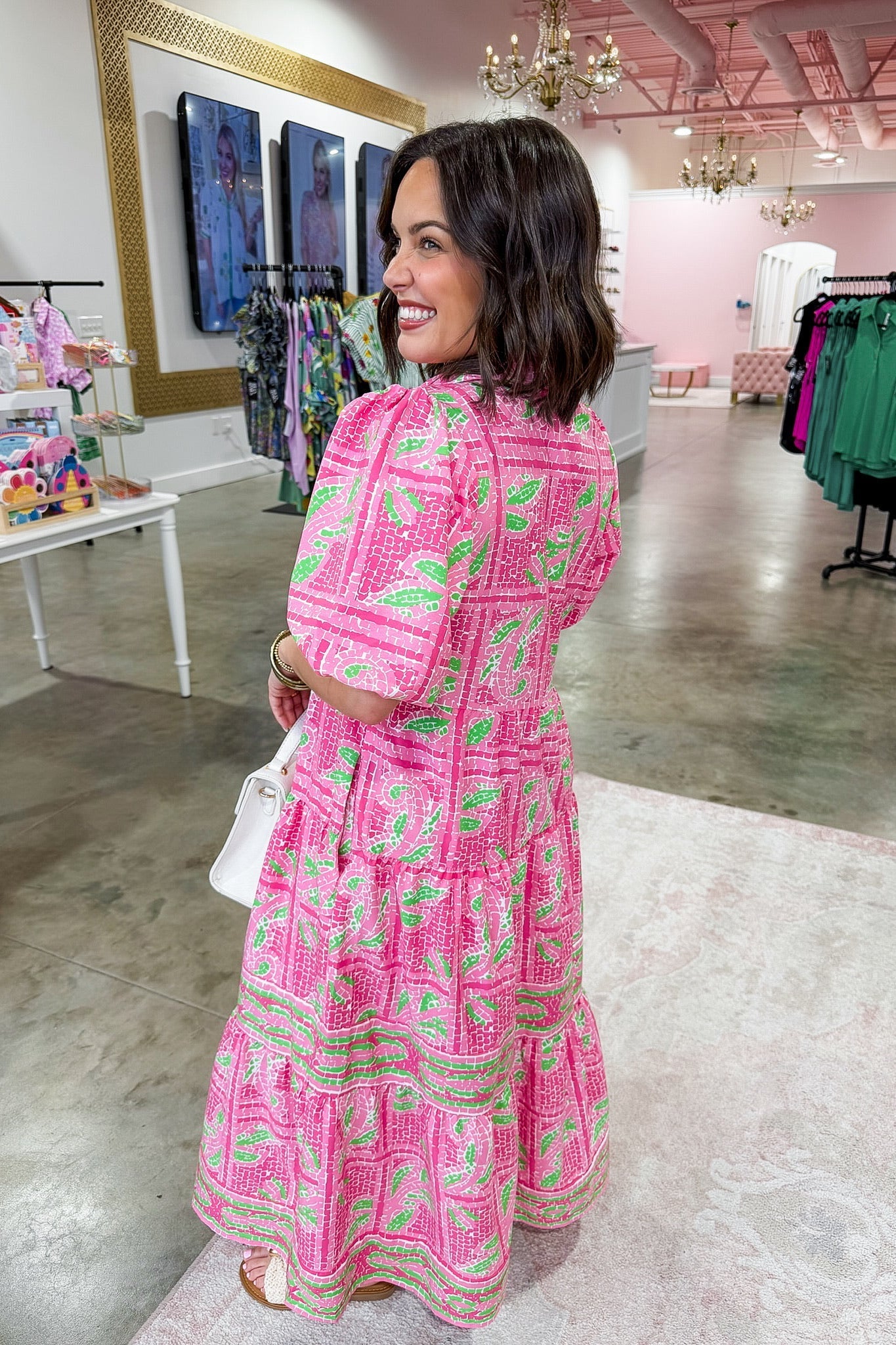 The Eloise Midi Dress in Trellis Tiles Pink by Mary Square OMFORT