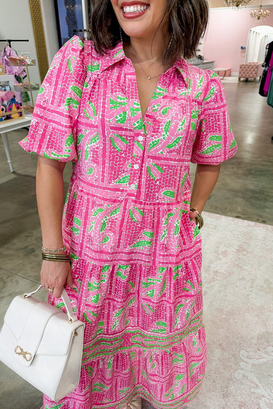 The Eloise Midi Dress in Trellis Tiles Pink by Mary Square OMFORT