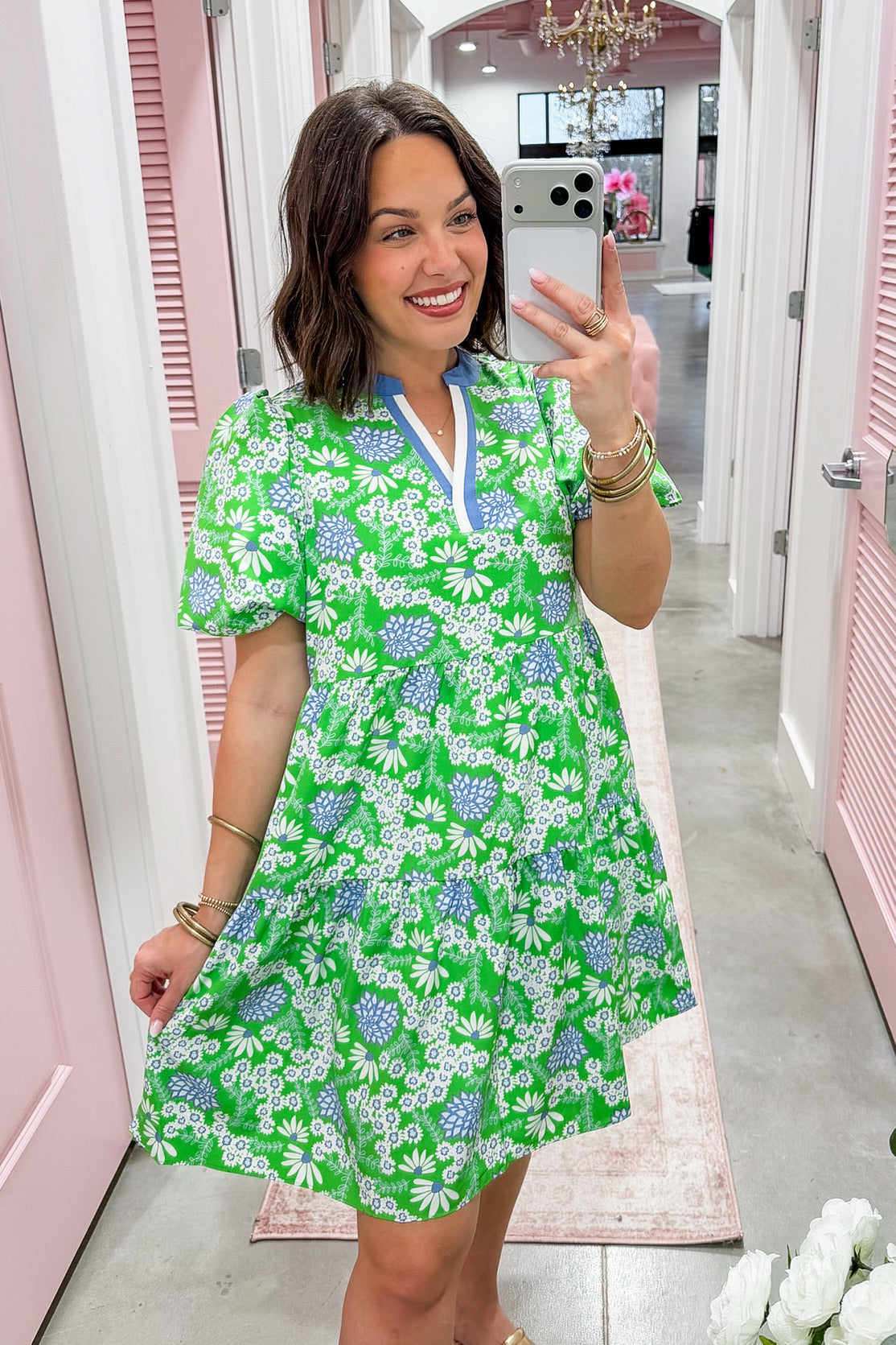 The Kinsley Mini Dress in Daisy Chain Green by Mary Square OMFORT