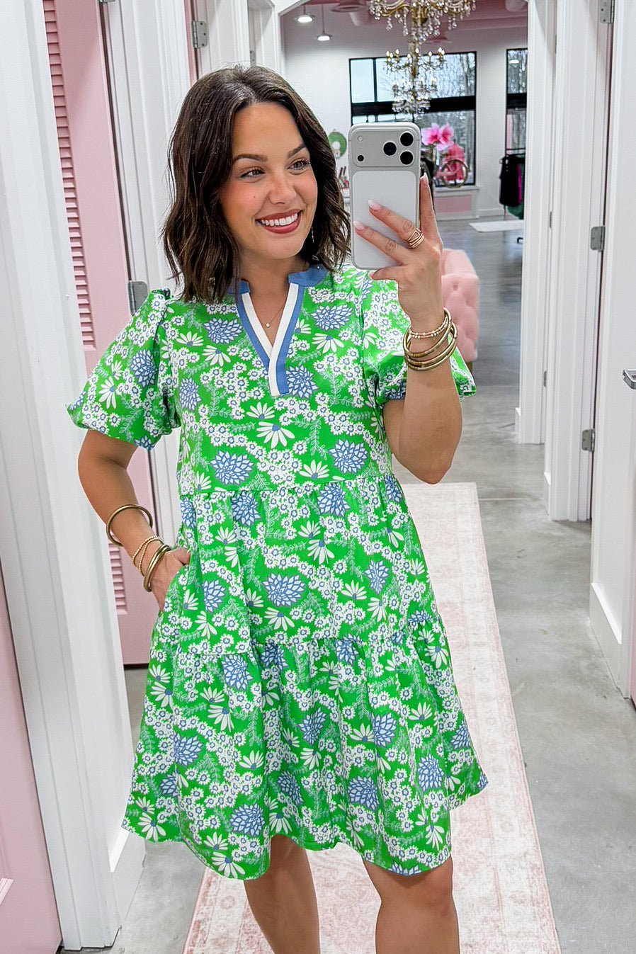 The Kinsley Mini Dress in Daisy Chain Green by Mary Square OMFORT