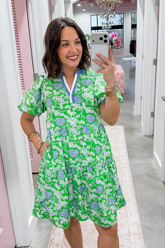The Kinsley Mini Dress in Daisy Chain Green by Mary Square OMFORT
