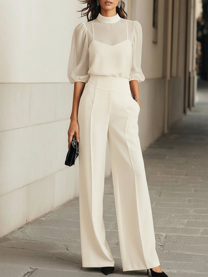 Black Chiffon Top And Wide Leg Pants Three Piece Set omfort