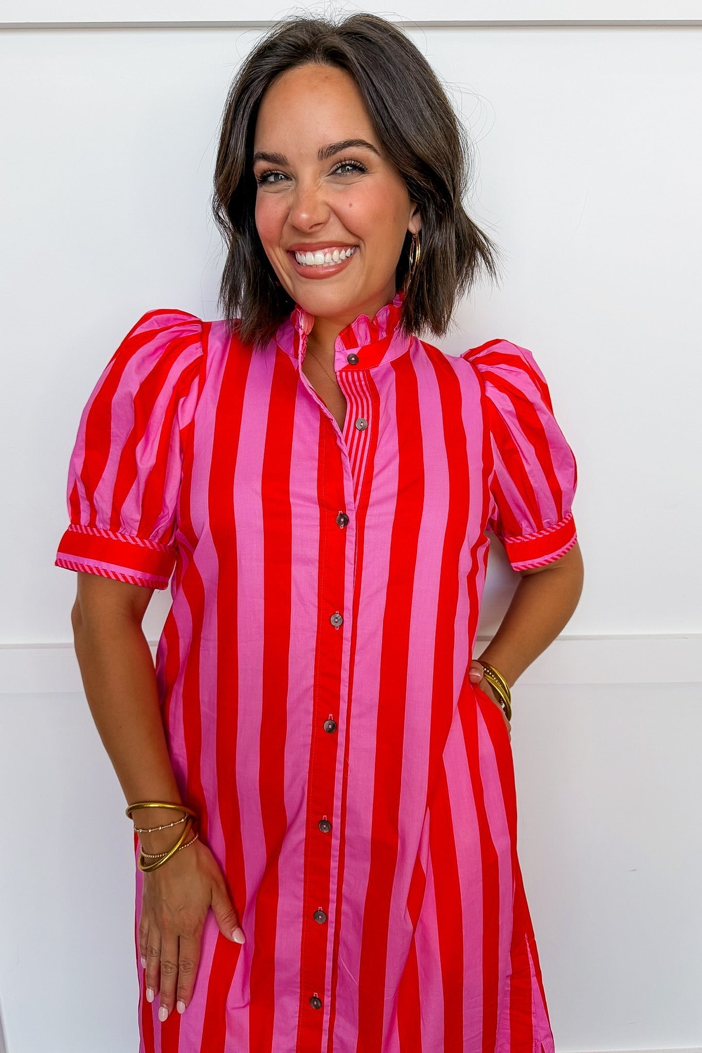 Stripe Me Pretty Midi Dress in Pink & Red OMFORT