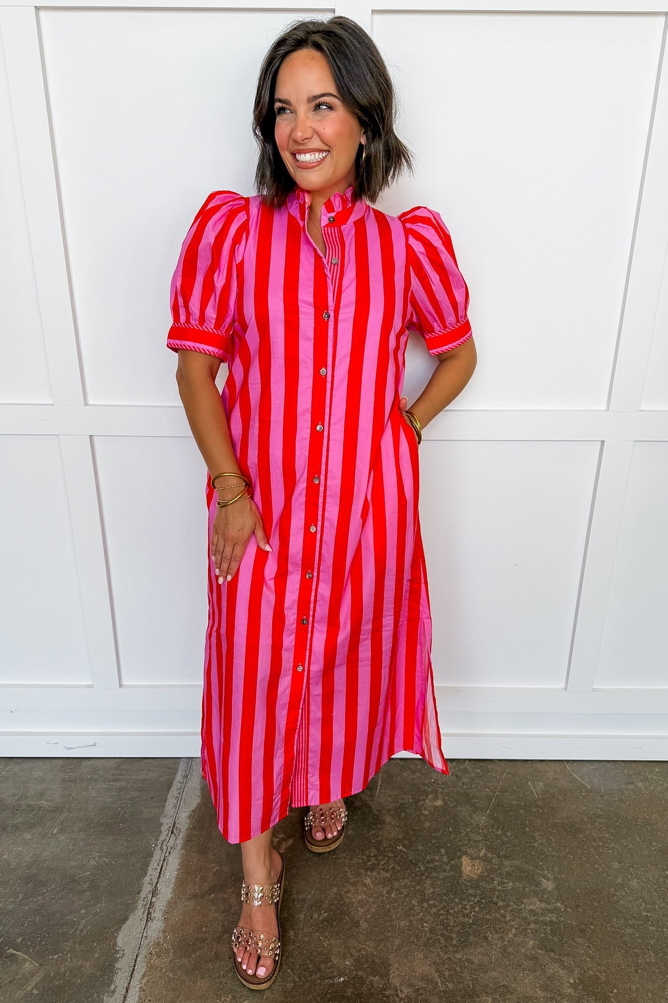 Stripe Me Pretty Midi Dress in Pink & Red OMFORT